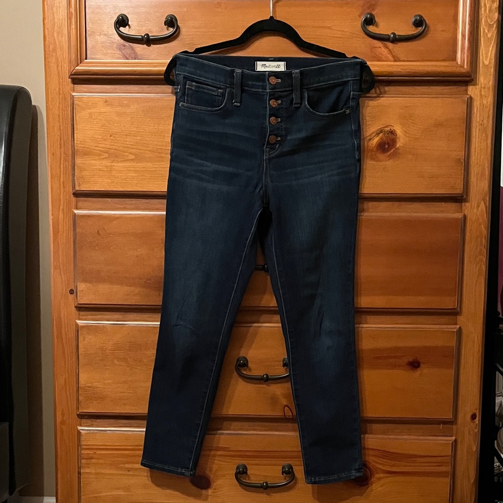 Madewell Stretchy High Rise Dark Indigo Jeans.